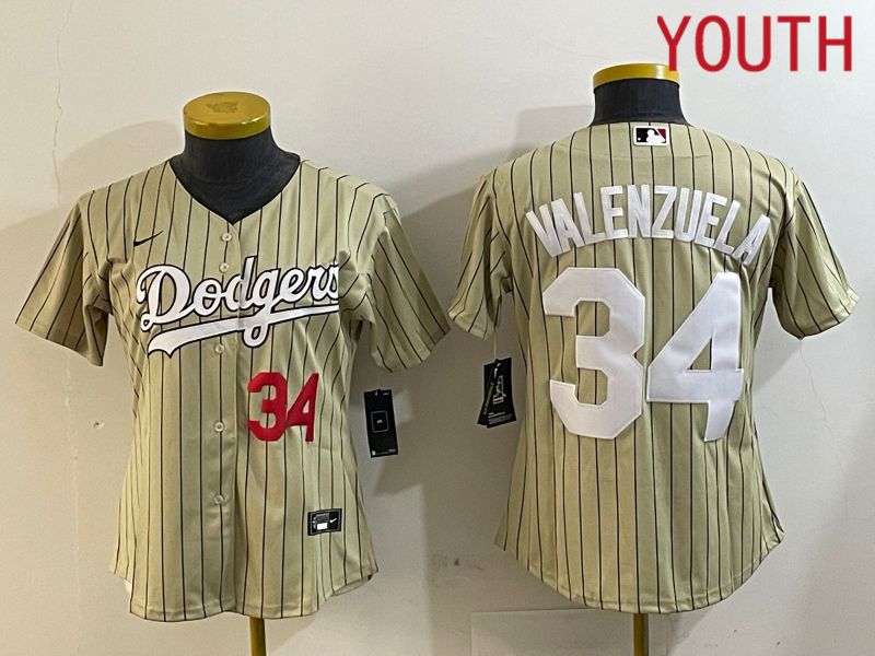Youth Los Angeles Dodgers 34 Valenzuela Green Stripe Game 2024 Nike MLB Jersey style 4